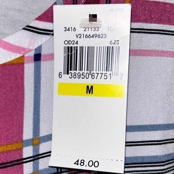 Van Heusen Blouse Short Cap Sleeve Scoop neck V-Cut out Plaid Striped Casual Top - Picture 9 of 9